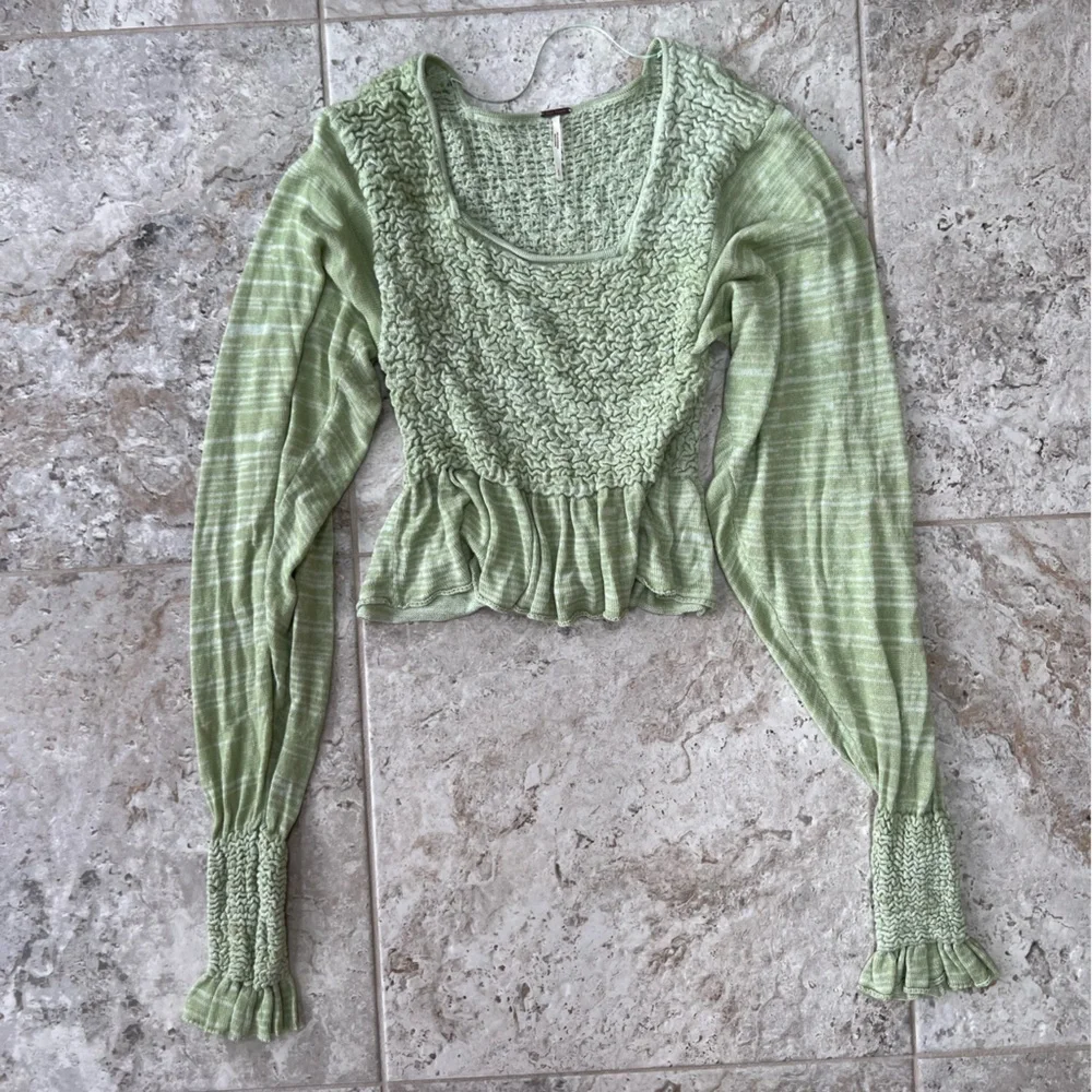 Free People Free Spirit Smocked Knit Peplum Sweater Crop Top, Seafoam Green, S